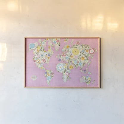 Floral World Pink by Michael Mullan. shown as a paper print in a natural frame. Available as a archival giclee rolled canvas, fine art paper, or poster print. SKU 49367i.