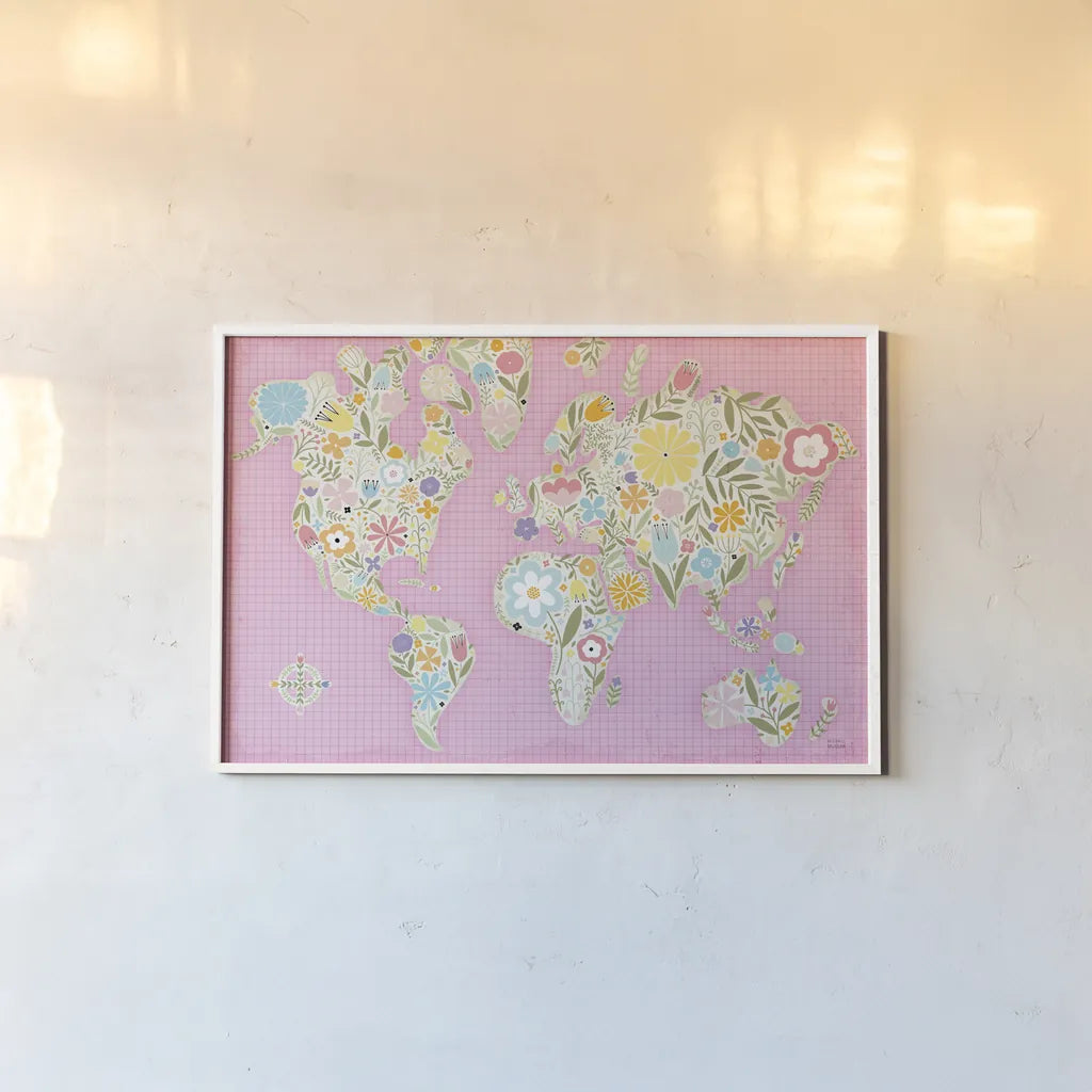 Floral World Pink by Michael Mullan. shown as a paper print in a white frame. Available as a archival giclee rolled canvas, fine art paper, or poster print. SKU 49367i.