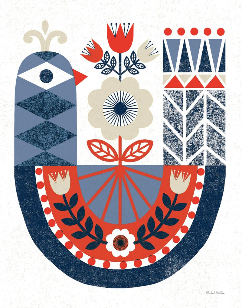 Folk Lodge Bird Red Navy by Michael Mullan