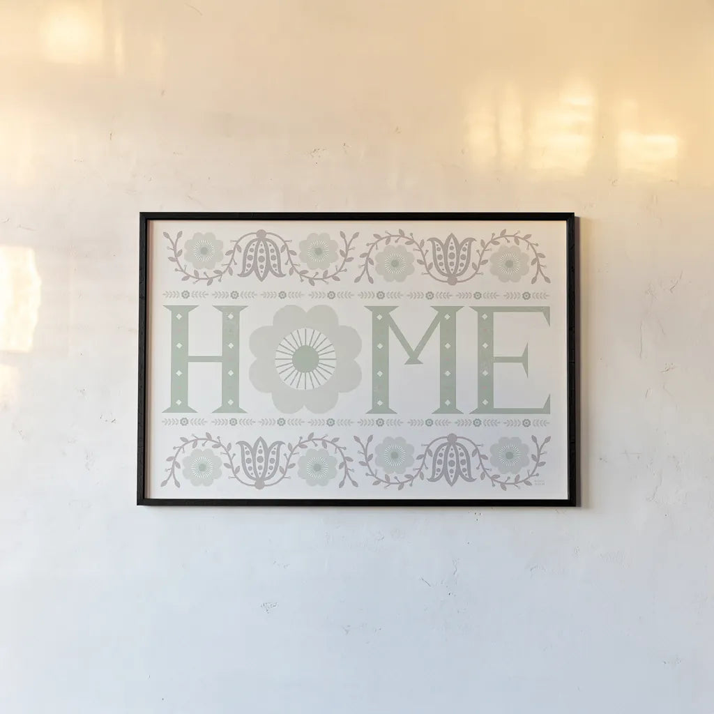 Folk Lodge Home v2 Hygge by Michael Mullan. shown as a paper print in a black flame. Available as a archival giclee rolled canvas, fine art paper, or poster print. SKU 33770i.