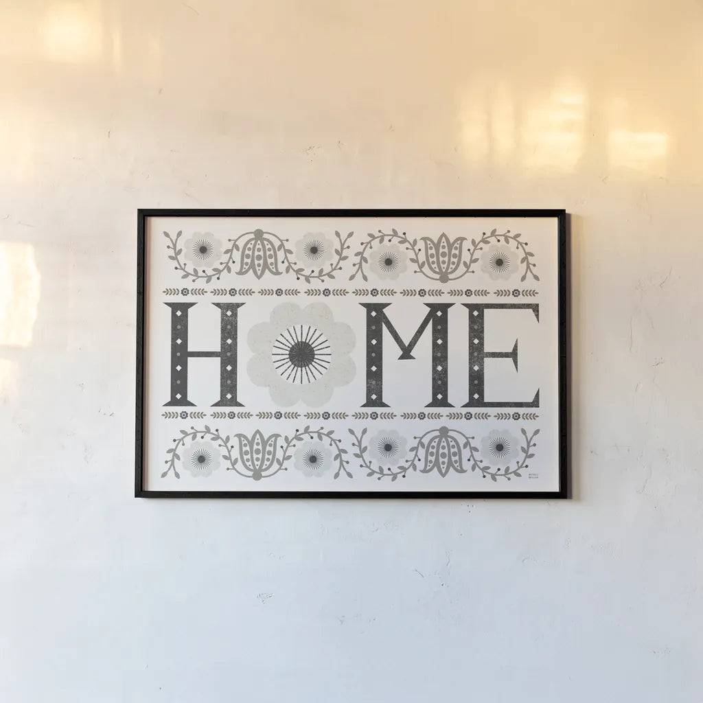 Folk Lodge Home v2 Neutral by Michael Mullan. shown as a paper print in a black flame. Available as a archival giclee rolled canvas, fine art paper, or poster print. SKU 51126i.