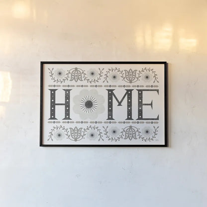 Folk Lodge Home v2 Neutral by Michael Mullan. shown as a paper print in a black flame. Available as a archival giclee rolled canvas, fine art paper, or poster print. SKU 51126i.