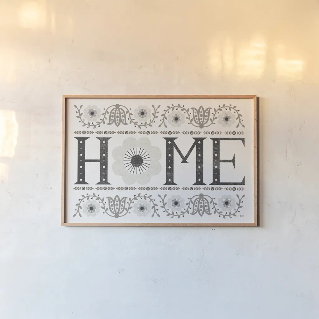 Folk Lodge Home v2 Neutral by Michael Mullan. shown as a paper print in a natural frame. Available as a archival giclee rolled canvas, fine art paper, or poster print. SKU 51126i.