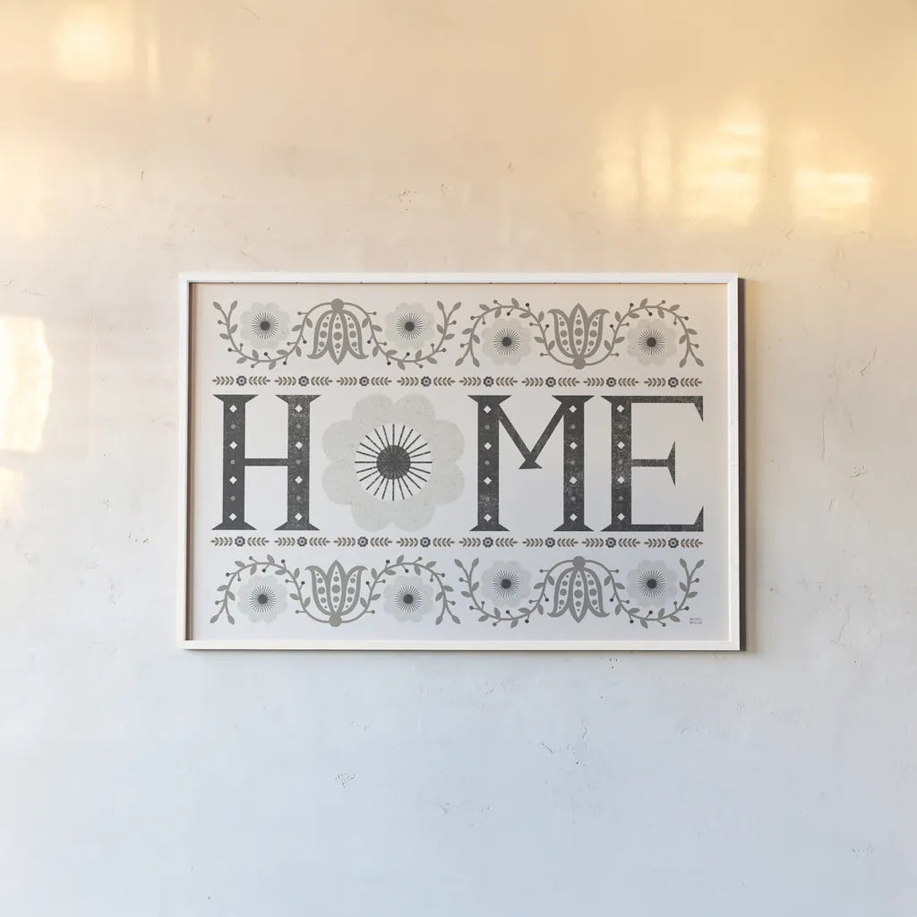 Folk Lodge Home v2 Neutral by Michael Mullan. shown as a paper print in a white frame. Available as a archival giclee rolled canvas, fine art paper, or poster print. SKU 51126i.