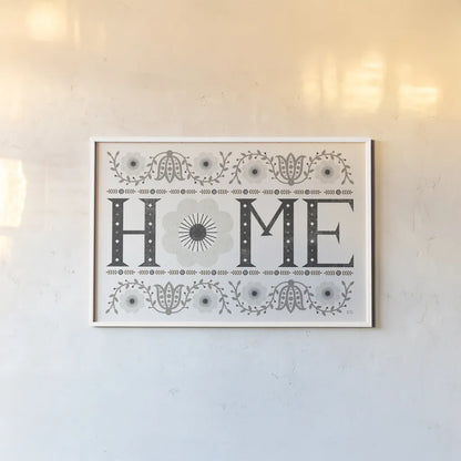 Folk Lodge Home v2 Neutral by Michael Mullan. shown as a paper print in a white frame. Available as a archival giclee rolled canvas, fine art paper, or poster print. SKU 51126i.