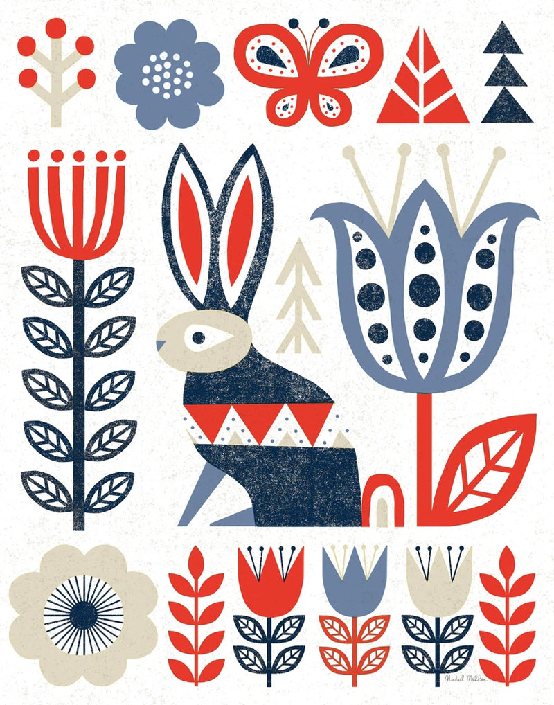 Folk Lodge Rabbit Red Navy by Michael Mullan