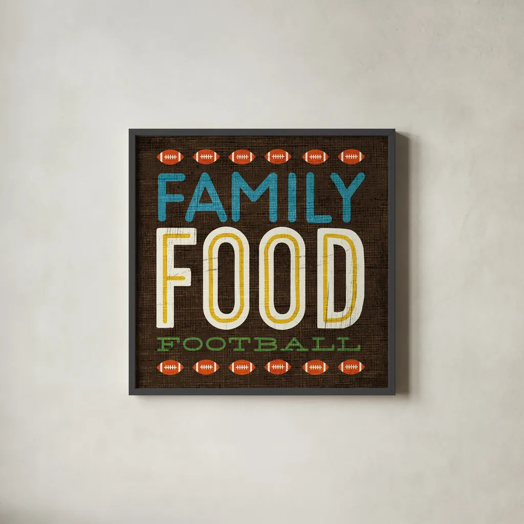 Football I by Michael Mullan. Shown in a sleek black glass frame for a contemporary gallery look. Available as an archival giclee rolled canvas, fine art paper, or poster print. SKU 17535a.