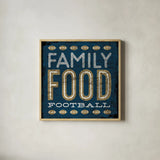 Football I Blue by Michael Mullan. Shown in a natural wood glass frame for a timeless modern aesthetic. Available as an archival giclee rolled canvas, fine art paper, or poster print. SKU 20346a.