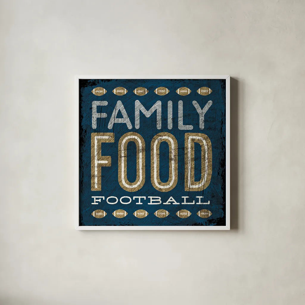 Football I Blue by Michael Mullan. Shown in a crisp white glass frame for a clean and minimalist style. Available as an archival giclee rolled canvas, fine art paper, or poster print. SKU 20346a.