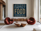 Football I Blue by Michael Mullan. Shown as extra-large giant wall art in a modern living room. Available as an archival giclee rolled canvas, fine art paper, or poster print. SKU 20346a.