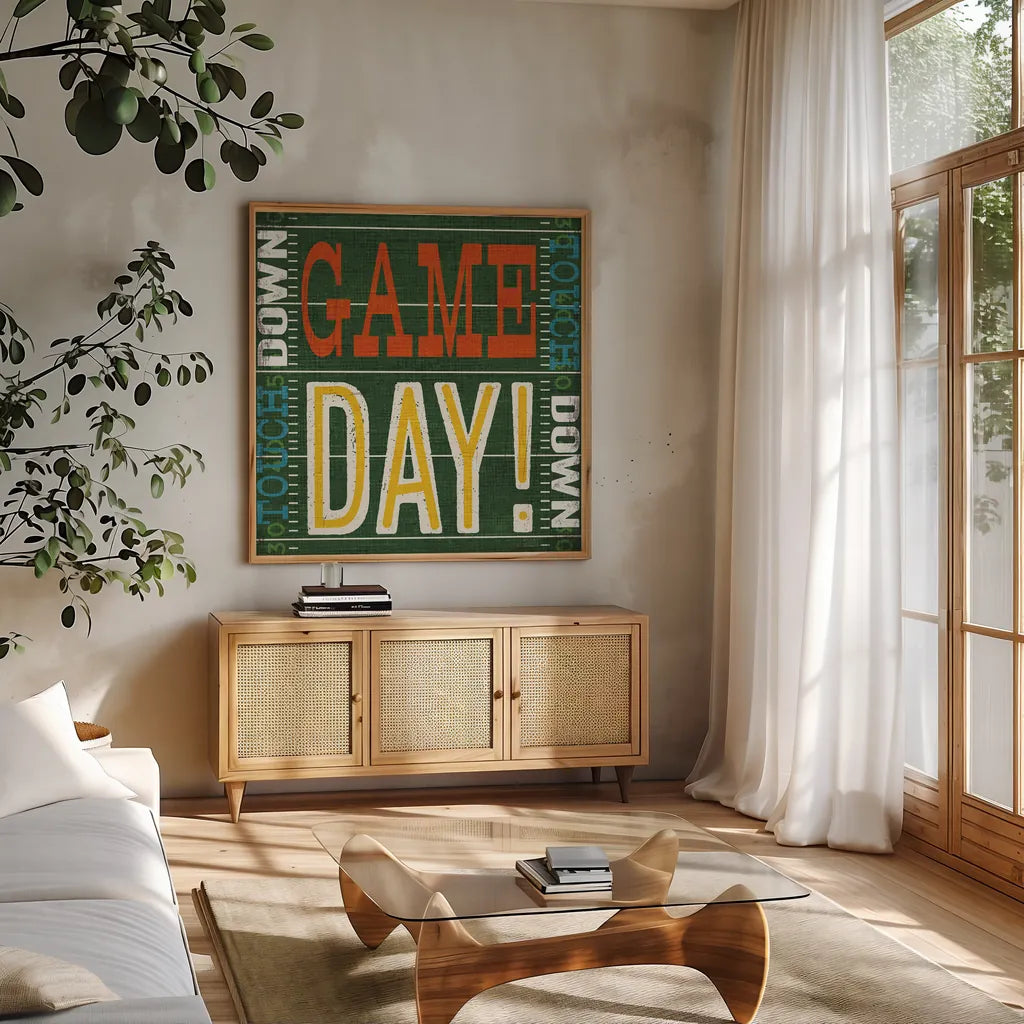 Football II by Michael Mullan. Shown in a natural wood frame in a cozy modern living room. Available as an archival giclee rolled canvas, fine art paper, or poster print. SKU 61614a.