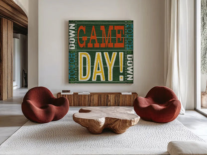 Football II by Michael Mullan. Shown as extra-large giant wall art in a modern living room. Available as an archival giclee rolled canvas, fine art paper, or poster print. SKU 61614a.