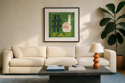 Football IV by Michael Mullan. Displayed in a glass frame with matte in a clean modern living room. Available as an archival giclee rolled canvas, fine art paper, or poster print. SKU 20344a.