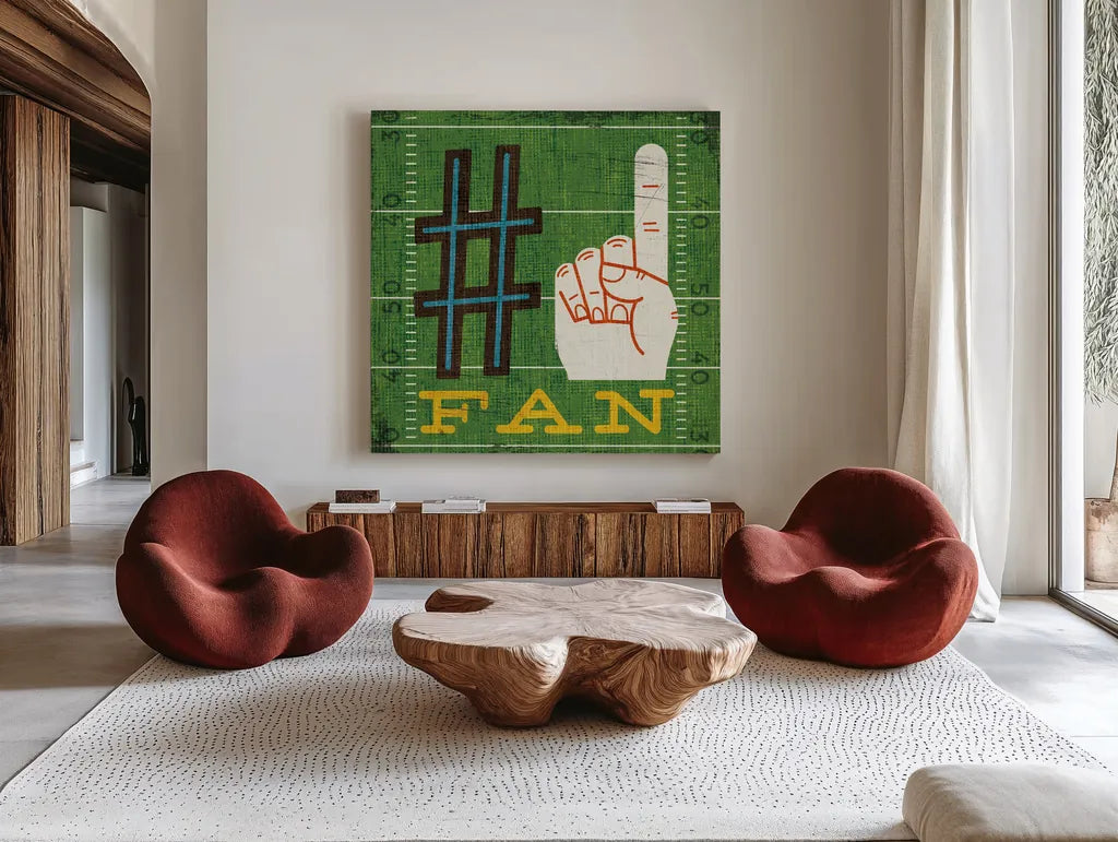 Football IV by Michael Mullan. Shown as extra-large giant wall art in a modern living room. Available as an archival giclee rolled canvas, fine art paper, or poster print. SKU 20344a.