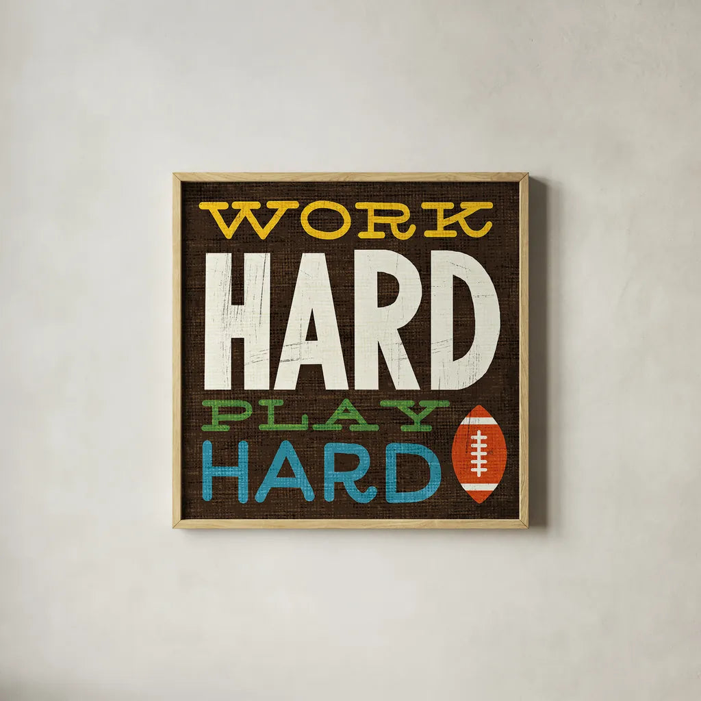 Football V by Michael Mullan. Shown in a natural wood glass frame for a timeless modern aesthetic. Available as an archival giclee rolled canvas, fine art paper, or poster print. SKU 20345a.