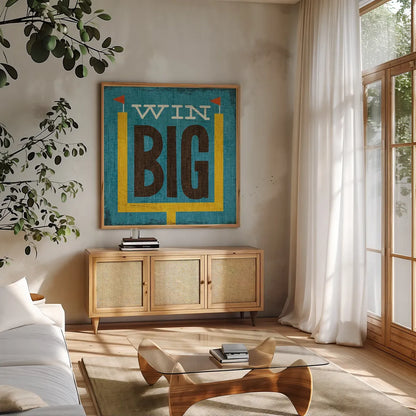 Football VI by Michael Mullan. Shown in a natural wood frame in a cozy modern living room. Available as an archival giclee rolled canvas, fine art paper, or poster print. SKU 17538a.