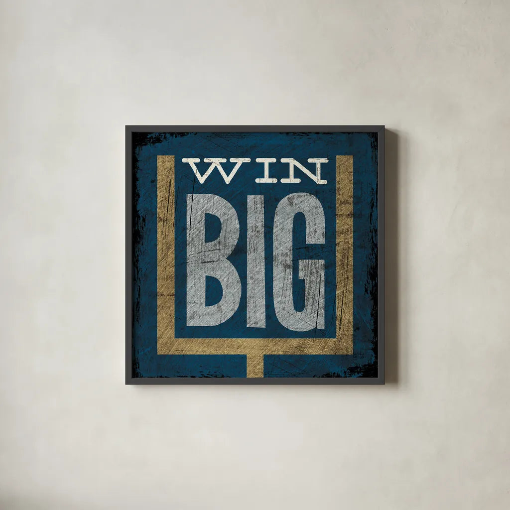 Football VI Blue by Michael Mullan. Shown in a sleek black glass frame for a contemporary gallery look. Available as an archival giclee rolled canvas, fine art paper, or poster print. SKU 20351a.