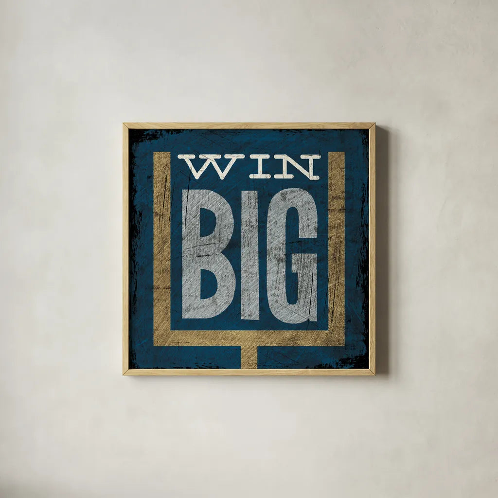 Football VI Blue by Michael Mullan. Shown in a natural wood glass frame for a timeless modern aesthetic. Available as an archival giclee rolled canvas, fine art paper, or poster print. SKU 20351a.