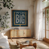 Football VI Blue by Michael Mullan. Shown in a natural wood frame in a cozy modern living room. Available as an archival giclee rolled canvas, fine art paper, or poster print. SKU 20351a.