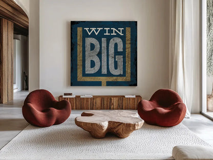 Football VI Blue by Michael Mullan. Shown as extra-large giant wall art in a modern living room. Available as an archival giclee rolled canvas, fine art paper, or poster print. SKU 20351a.