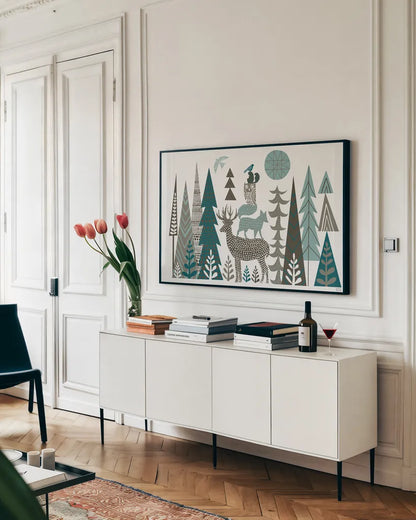 Forest Folklore by Michael Mullan. shown as a framed stretched canvas in a living room above a console. Available as a archival giclee rolled canvas, fine art paper, or poster print. SKU 31002i.