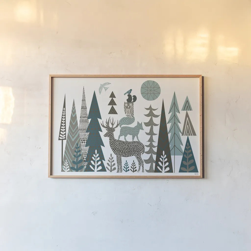 Forest Folklore by Michael Mullan. shown as a paper print in a natural frame. Available as a archival giclee rolled canvas, fine art paper, or poster print. SKU 31002i.