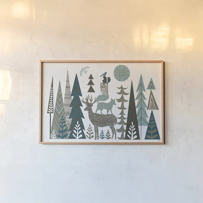 Forest Folklore by Michael Mullan. shown as a paper print in a natural frame. Available as a archival giclee rolled canvas, fine art paper, or poster print. SKU 31002i.