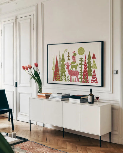 Forest Folklore Christmas by Michael Mullan. shown as a framed stretched canvas in a living room above a console. Available as a archival giclee rolled canvas, fine art paper, or poster print. SKU 51152i.