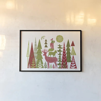 Forest Folklore Christmas by Michael Mullan. shown as a paper print in a black flame. Available as a archival giclee rolled canvas, fine art paper, or poster print. SKU 51152i.
