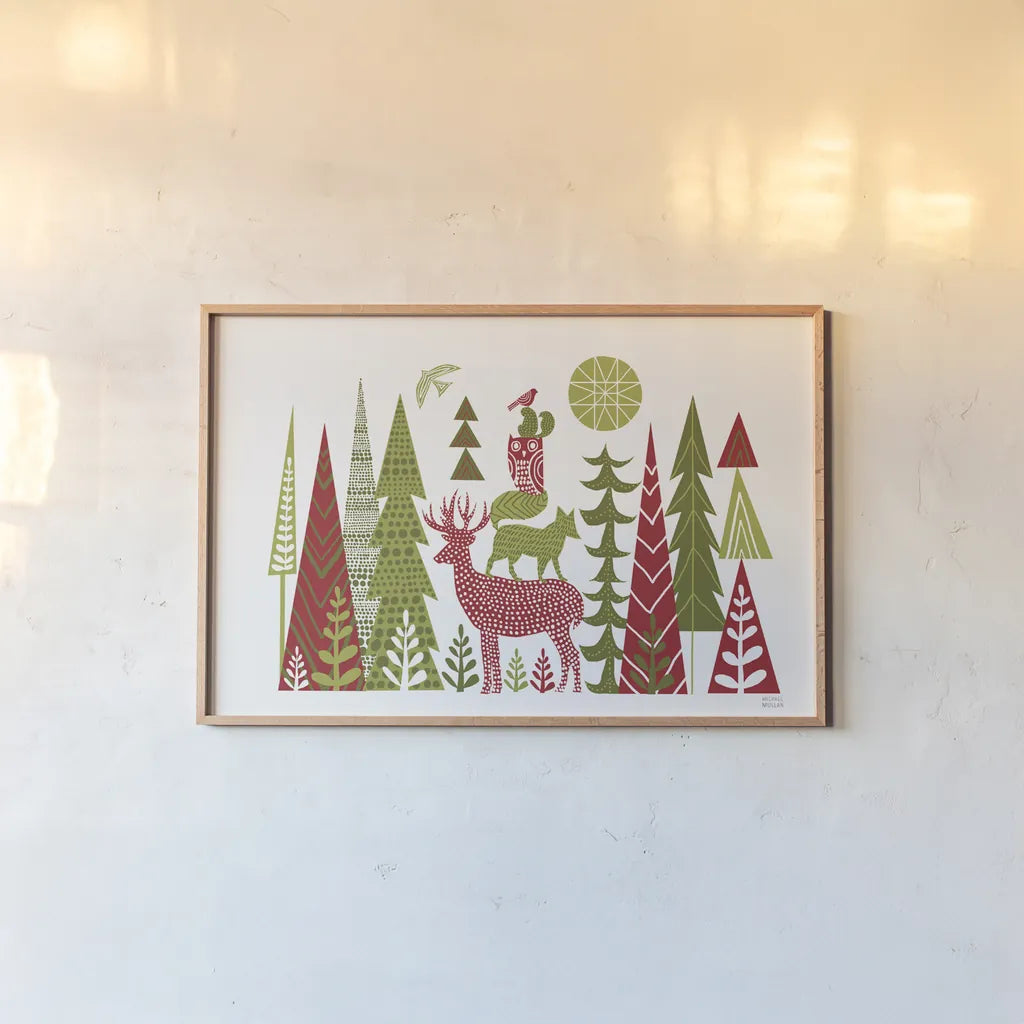Forest Folklore Christmas by Michael Mullan. shown as a paper print in a natural frame. Available as a archival giclee rolled canvas, fine art paper, or poster print. SKU 51152i.