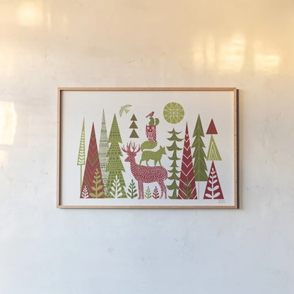 Forest Folklore Christmas by Michael Mullan. shown as a paper print in a natural frame. Available as a archival giclee rolled canvas, fine art paper, or poster print. SKU 51152i.