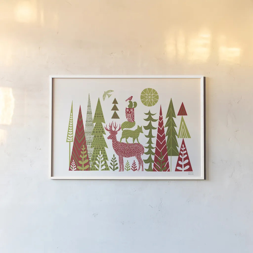 Forest Folklore Christmas by Michael Mullan. shown as a paper print in a white frame. Available as a archival giclee rolled canvas, fine art paper, or poster print. SKU 51152i.