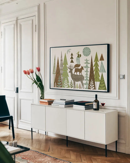 Forest Folklore Green by Michael Mullan. shown as a framed stretched canvas in a living room above a console. Available as a archival giclee rolled canvas, fine art paper, or poster print. SKU 31004i.