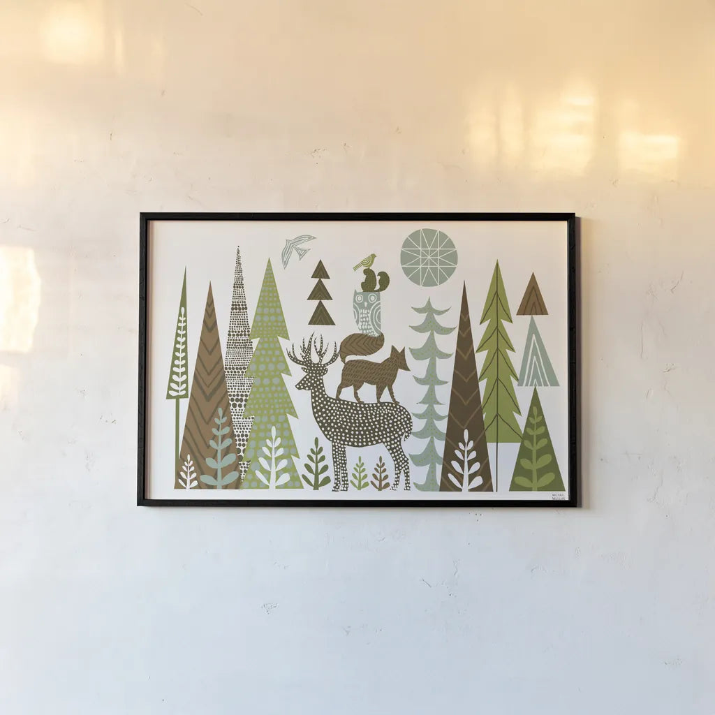 Forest Folklore Green by Michael Mullan. shown as a paper print in a black flame. Available as a archival giclee rolled canvas, fine art paper, or poster print. SKU 31004i.