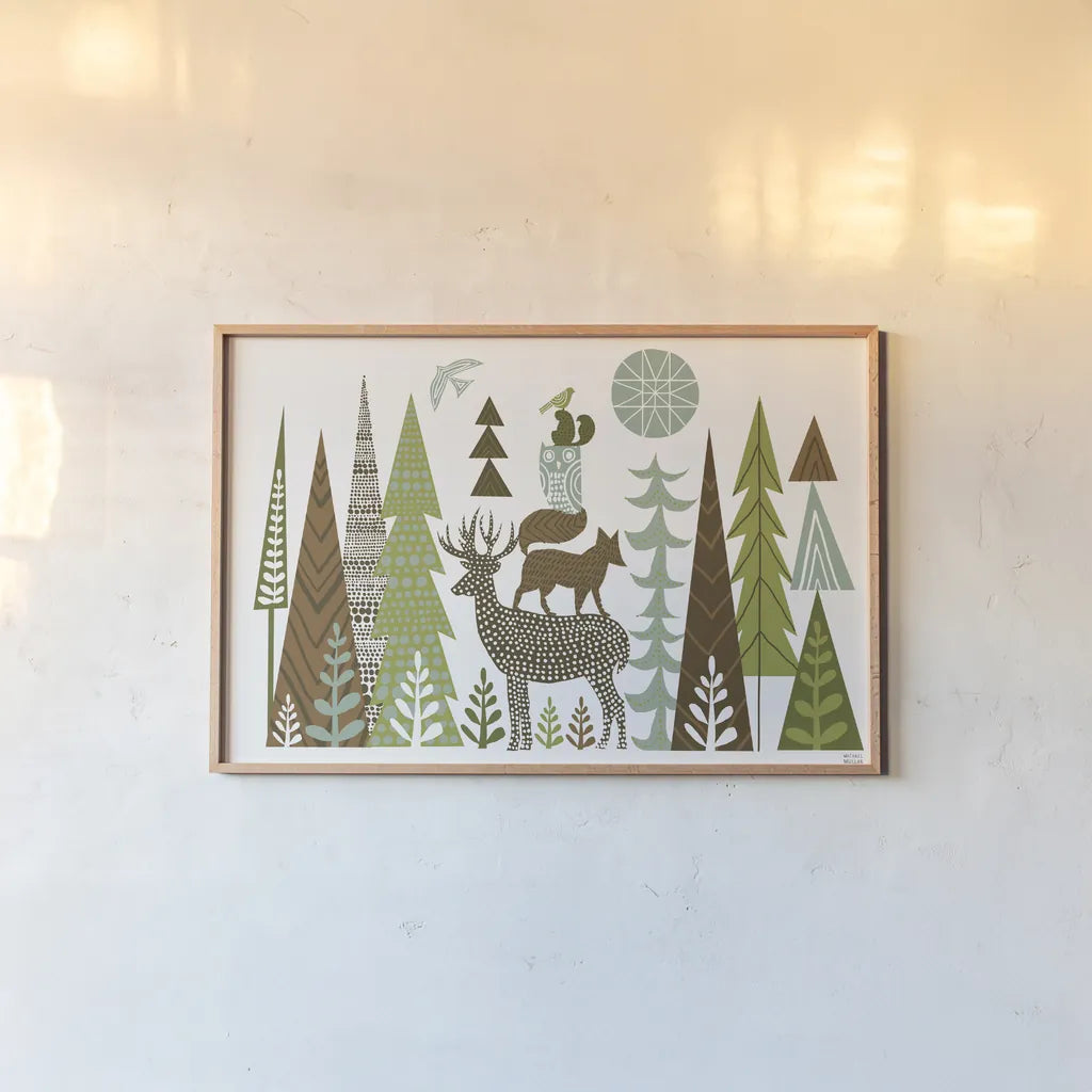 Forest Folklore Green by Michael Mullan. shown as a paper print in a natural frame. Available as a archival giclee rolled canvas, fine art paper, or poster print. SKU 31004i.
