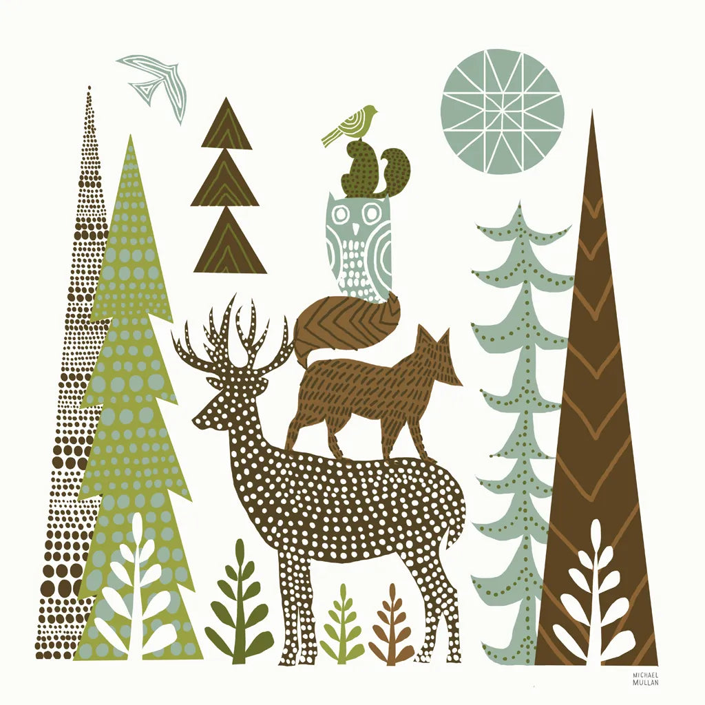 Forest Folklore Green Animals I Square by Michael Mullan. SKU 51153a. Archival Giclee Fine art print for wall decor.