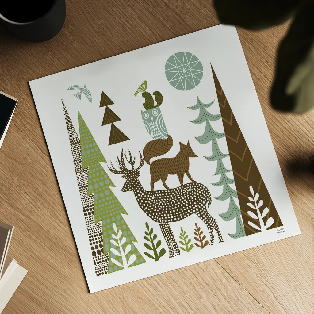Forest Folklore Green Animals I Square by Michael Mullan. Shown as a detailed flat fine art print, highlighting archival giclee quality. Available as an archival giclee rolled canvas, fine art paper, or poster print. SKU 51153a.