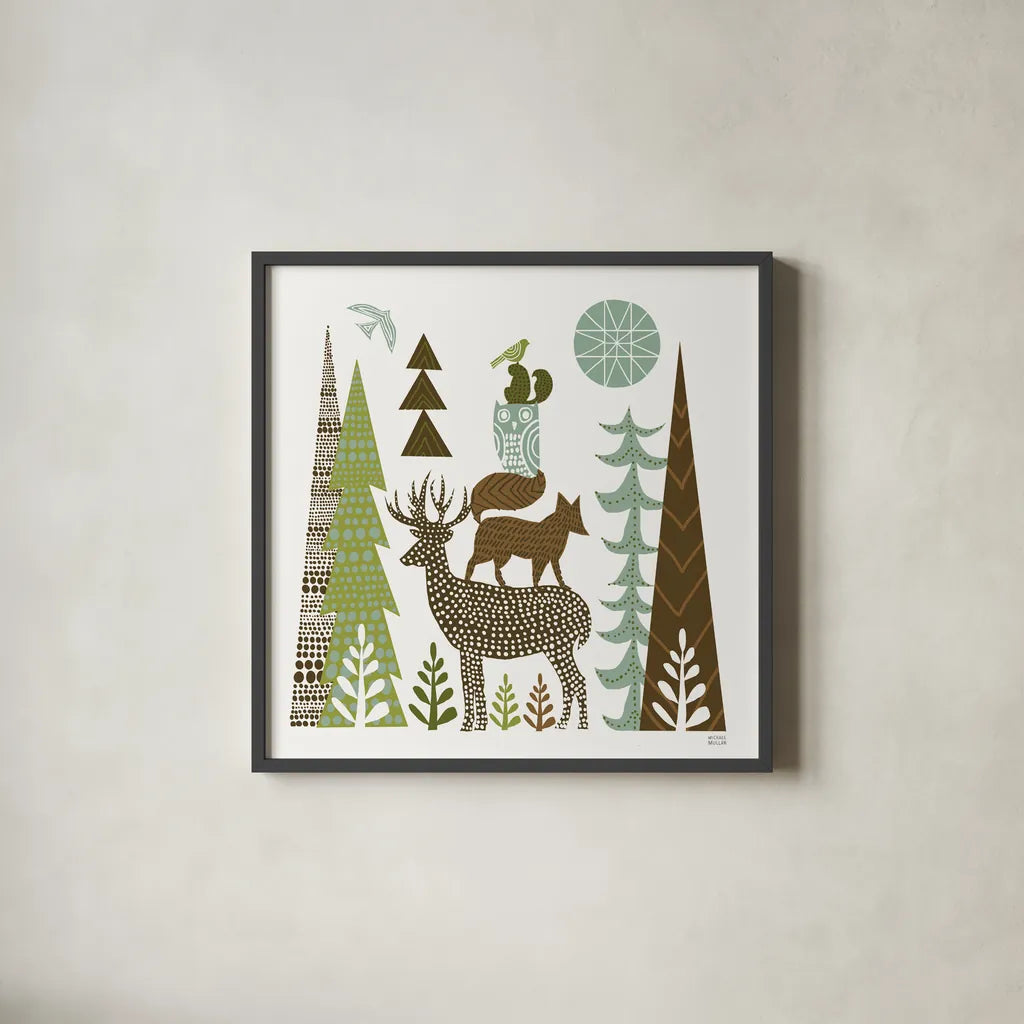 Forest Folklore Green Animals I Square by Michael Mullan. Shown in a sleek black glass frame for a contemporary gallery look. Available as an archival giclee rolled canvas, fine art paper, or poster print. SKU 51153a.