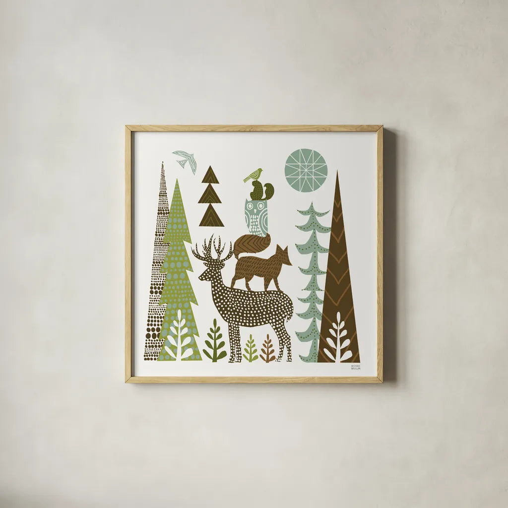Forest Folklore Green Animals I Square by Michael Mullan. Shown in a natural wood glass frame for a timeless modern aesthetic. Available as an archival giclee rolled canvas, fine art paper, or poster print. SKU 51153a.
