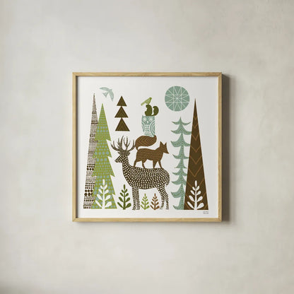 Forest Folklore Green Animals I Square by Michael Mullan. Shown in a natural wood glass frame for a timeless modern aesthetic. Available as an archival giclee rolled canvas, fine art paper, or poster print. SKU 51153a.
