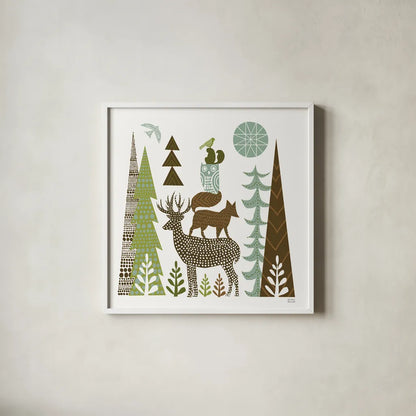 Forest Folklore Green Animals I Square by Michael Mullan. Shown in a crisp white glass frame for a clean and minimalist style. Available as an archival giclee rolled canvas, fine art paper, or poster print. SKU 51153a.