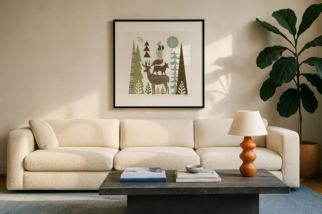 Forest Folklore Green Animals I Square by Michael Mullan. Displayed in a glass frame with matte in a clean modern living room. Available as an archival giclee rolled canvas, fine art paper, or poster print. SKU 51153a.