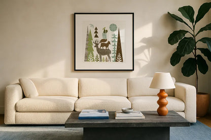 Forest Folklore Green Animals I Square by Michael Mullan. Displayed in a glass frame with matte in a clean modern living room. Available as an archival giclee rolled canvas, fine art paper, or poster print. SKU 51153a.