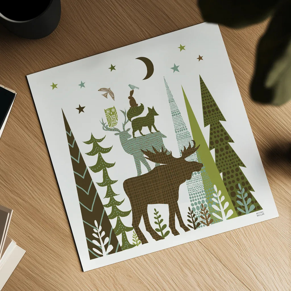 Forest Folklore Green Animals II Square by Michael Mullan. Shown as a detailed flat fine art print, highlighting archival giclee quality. Available as an archival giclee rolled canvas, fine art paper, or poster print. SKU 51154a.