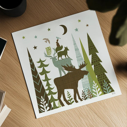 Forest Folklore Green Animals II Square by Michael Mullan. Shown as a detailed flat fine art print, highlighting archival giclee quality. Available as an archival giclee rolled canvas, fine art paper, or poster print. SKU 51154a.