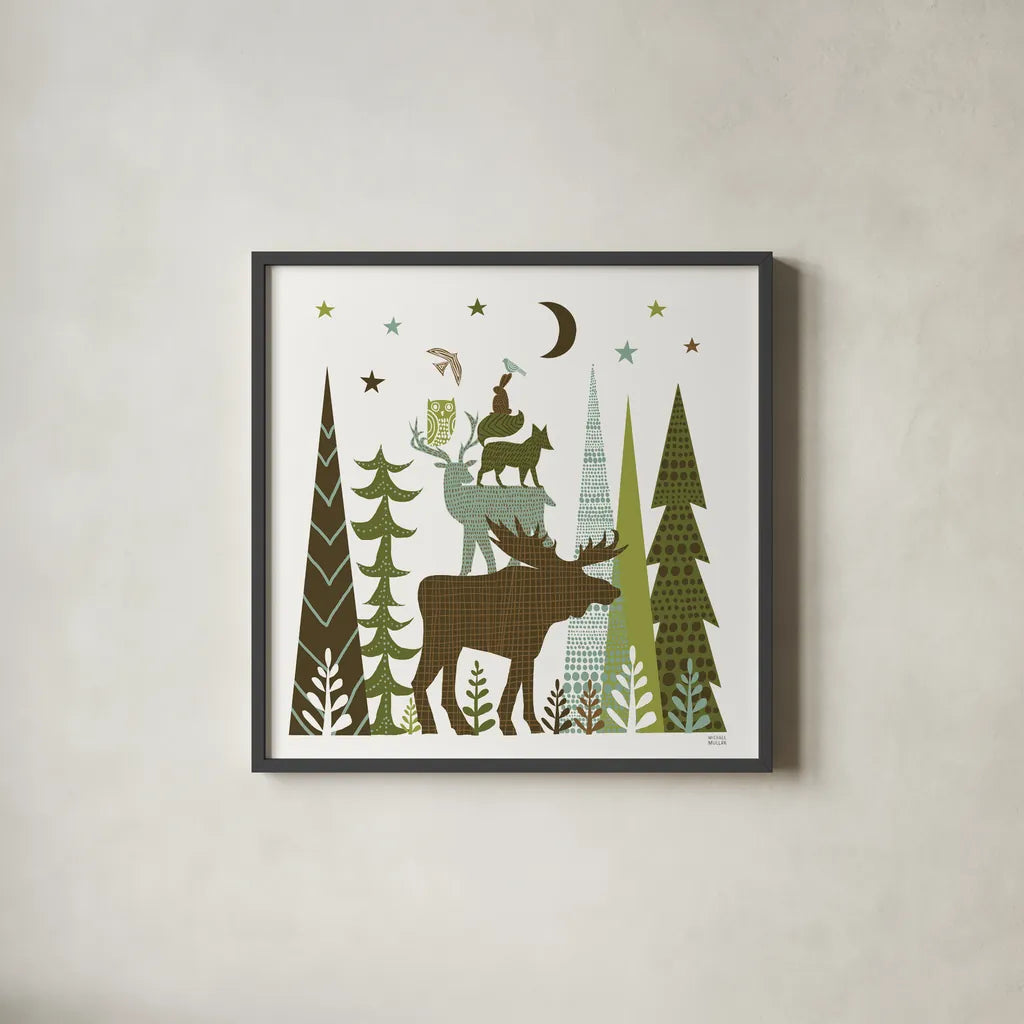 Forest Folklore Green Animals II Square by Michael Mullan. Shown in a sleek black glass frame for a contemporary gallery look. Available as an archival giclee rolled canvas, fine art paper, or poster print. SKU 51154a.