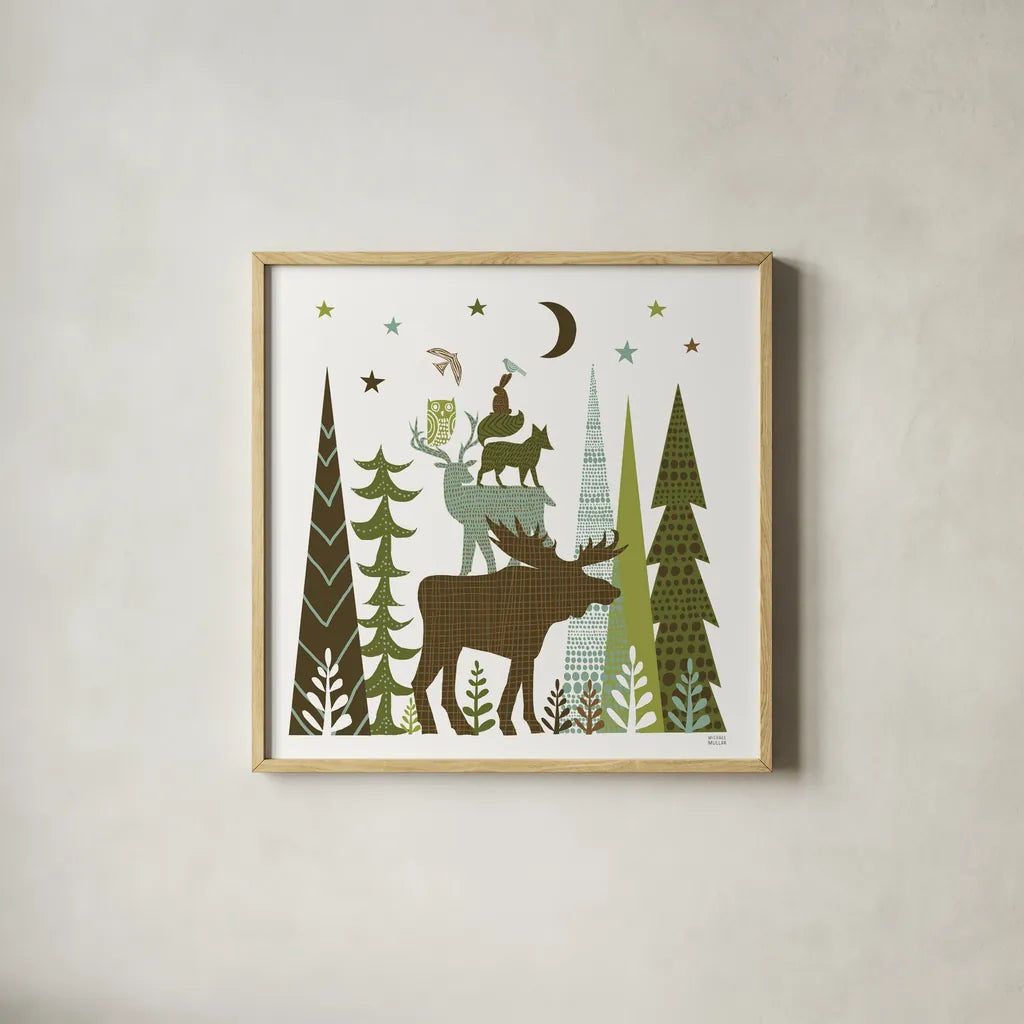 Forest Folklore Green Animals II Square by Michael Mullan. Shown in a natural wood glass frame for a timeless modern aesthetic. Available as an archival giclee rolled canvas, fine art paper, or poster print. SKU 51154a.