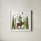 Forest Folklore Green Animals II Square by Michael Mullan. Shown in a crisp white glass frame for a clean and minimalist style. Available as an archival giclee rolled canvas, fine art paper, or poster print. SKU 51154a.