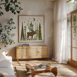Forest Folklore Green Animals II Square by Michael Mullan. Shown in a natural wood frame in a cozy modern living room. Available as an archival giclee rolled canvas, fine art paper, or poster print. SKU 51154a.