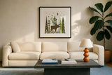 Forest Folklore Green Animals II Square by Michael Mullan. Displayed in a glass frame with matte in a clean modern living room. Available as an archival giclee rolled canvas, fine art paper, or poster print. SKU 51154a.